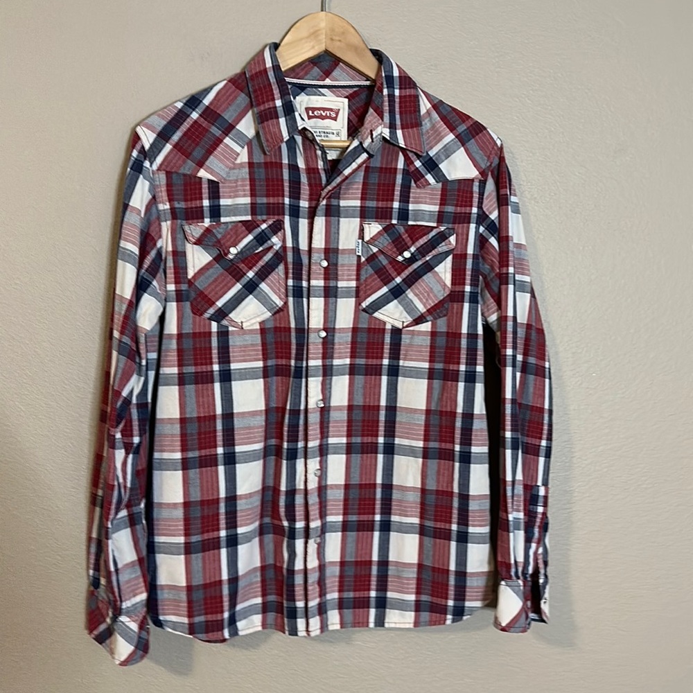Levi's Pearl Snap Button Men's Plaid Long Sleeve Modern Fit Button Down Size Sm